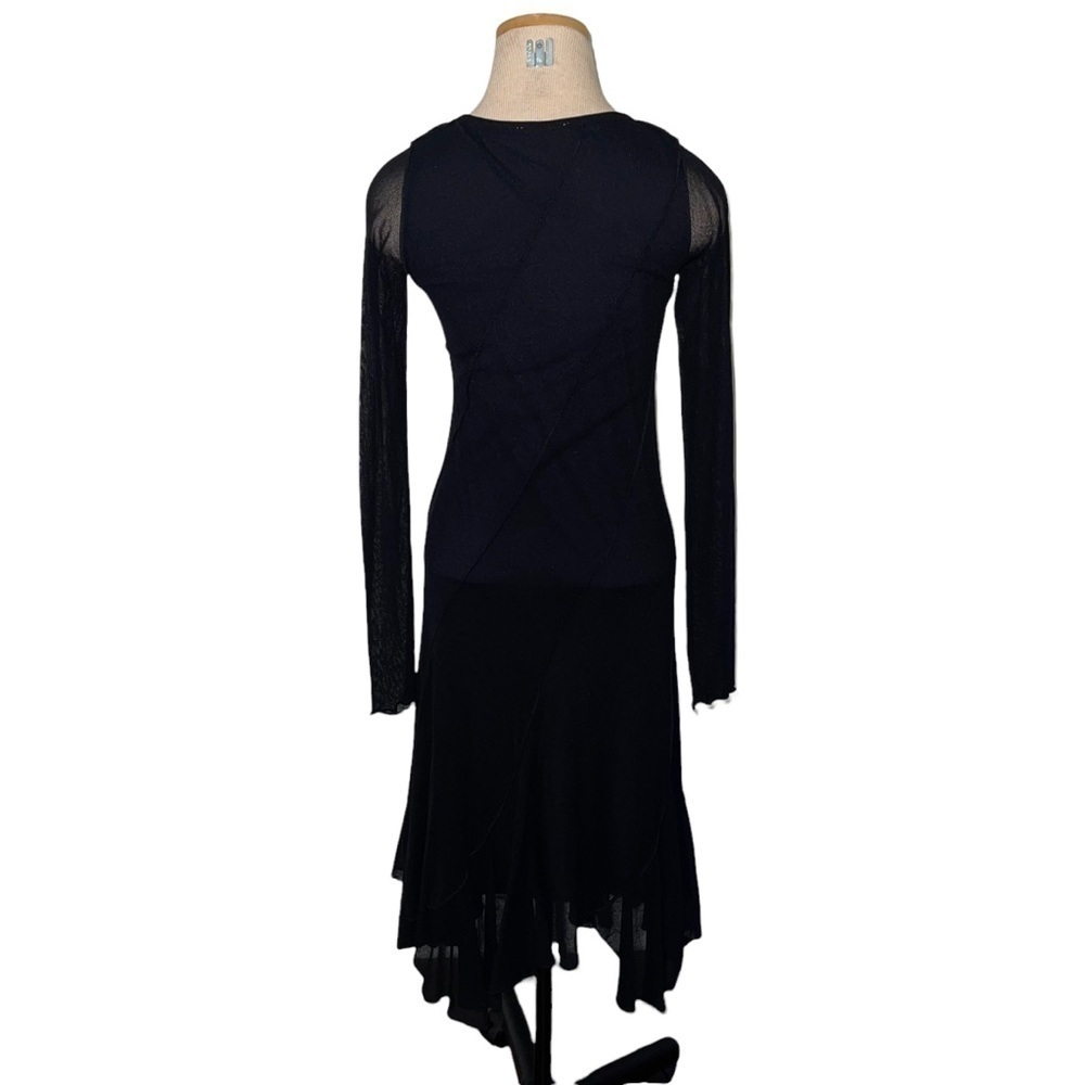 Fuzzi Black Mesh Long Sleeve Seamed Asymmetric Cocktail Shift Dress Size L - Picture 4 of 7